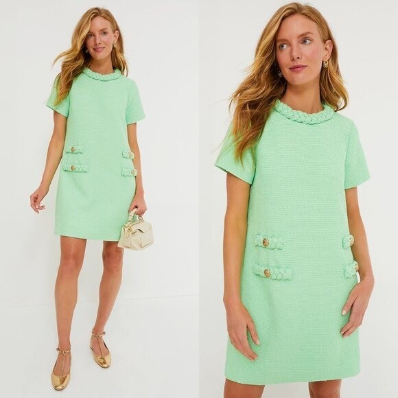 Tuckernuck NEW Palm Beach Green Tweed Retro Jackie Short Sleeve Mini Dress S